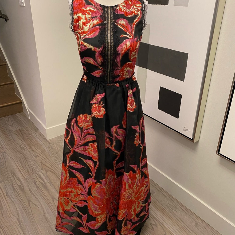 Marchesa notte gold metallic tea dress